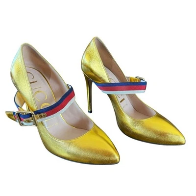 Gucci Sylvie Web Accent Gold Leather Mary Jane Pumps EU 36.5 US 6.5 - Image 1 of 4