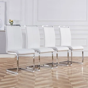 Dining Chairs Set of 4 White PU Cantilever Chairs with High Back and Chrome Legs - Picture 1 of 14