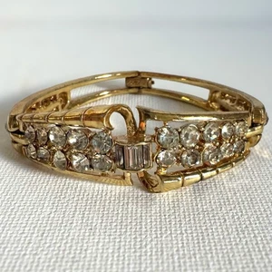 Bracciale Vintage Coro Oro Strass Baguette Maglia Cernierata Midcentury Glam - Foto 1 di 15