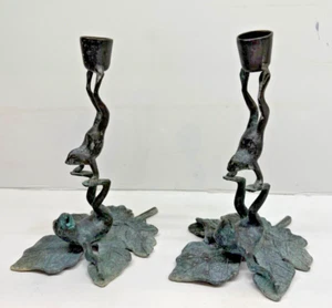 2 Unique Candlesticks Bronze Tree Frog Statues w/ Acrobtic Frogs on a Maple Leaf - Picture 1 of 24