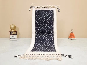 Moroccan Handmade Beni Ourain Rug 2x4 ft Berber Dotted Black & White Wool Runner - Picture 1 of 12