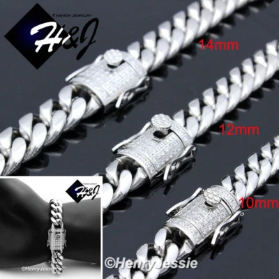 Brazalete Cubano Miami 7.5"-11" Acero Inoxidable 10/12/14mm Plata Bling Circonita cúbica*158 Foto 1 de 4