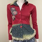 Women’s Red Cotton Casual Denim Patches Embroidery Size M Button Jacket Top