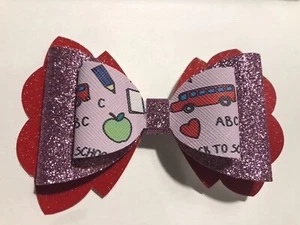 BACK TO SCHOOL 3 LAYER HAIR BOW, RED, ROSE, AND WHITE. 4" X 2.75". HOMEMADE - Picture 1 of 3