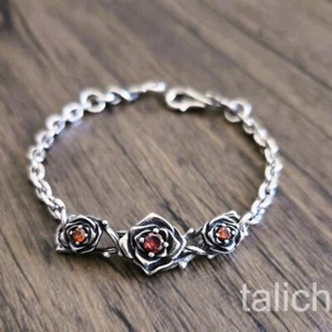 Solid 925 Sterling Silver Red CZ Thorn Vine Rose Flower Bracelet 7" Beautiful - Picture 1 of 6