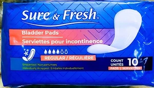 Sure & Fresh 1 Pack 10 Unsented Regular Bladder Pads. For Incontinence-Women’s - Picture 1 of 8