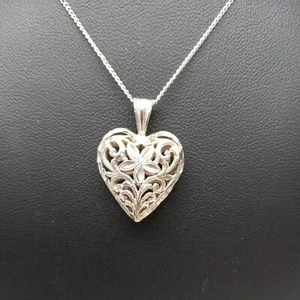 Collar de plata de ley 925 con motivo floral abierto corazón hinchado de 2 caras 19" - Imagen 1 de 5