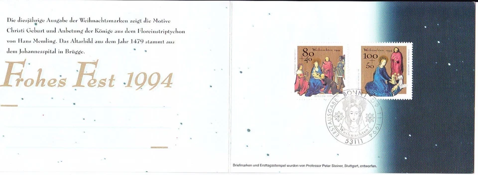 Germany 1994 FDC Christmas Paintings by Hans Memling Sc B773-774 Mi 1770-1771 - Image 1 of 1