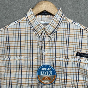 Columbia PFG Super Tamiami Orange Blue White Plaid Short Sleeve Shirt Small New - Picture 1 of 11