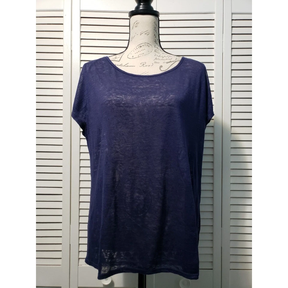 Top de lino Tresics para mujer talla grande azul marino transparente encaje trasero dobladillo alto bajo Foto 1 de 4