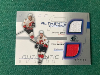 2001 SP Game Used Edition Authentic Dual Fabric Jarome Iginla Marc Savard xx/100 - Image 1 of 2