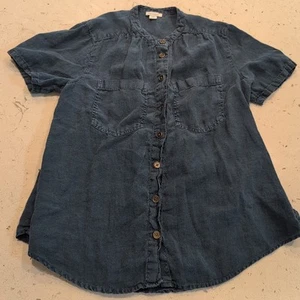 Sundance Womens Sz PM Linen Peasant Top Blue Loose Fit Button Blouse - Picture 1 of 12