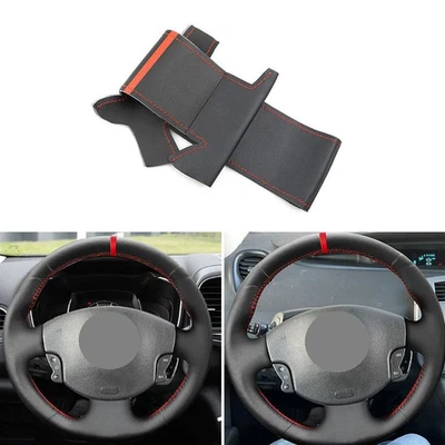 DIY For Renault Megane 2 2003-2008 Black+Red Leather Steering Wheel Cover Trim - Image 1 of 4
