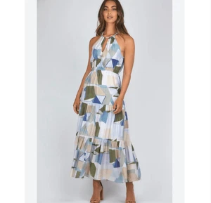 Petal & Pup Maxi Dress 10 Blue Green Abstract Halter Neck Tiered Geometric Boho - Picture 1 of 17