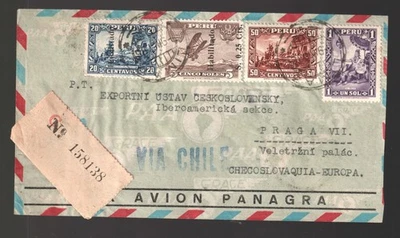Peru registered air mail cover  1936 to Czechoslovakia  " VIA CHILE " - Image 1 of 2