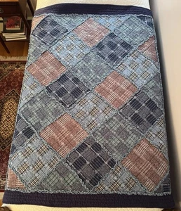 Madras Plaid Quilted Blanket Throw Fringed Blues Pink Red READ - Picture 1 of 7