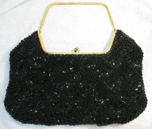VINTAGE LITTLE BLACK Evening Bag Sequins, Beads Hand Made Ganson Calif Hong Kong - Picture 1 of 10
