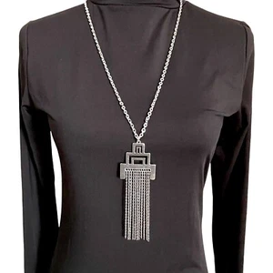 Vintage Art Deco 30er Jahre Stil Silber Ton Geometrisch Statement Halskette 28" Kette - Bild 1 von 6