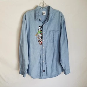 Vintage Warner Bros Men Blue Long Sleeve Denim Chambray Shirt Looney Tunes Sz M - Picture 1 of 5