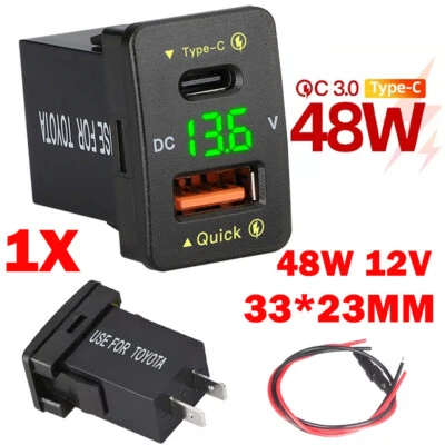 48W 12V USB Green Car Fast Charger Socket Voltmeter Adapter For Toyota Type C PD - Image 1 of 4