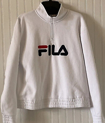 Fila White 1/4 Zip Logo Sweatshirt Women's Size XL Spell Out Red White Blue • 8.99€