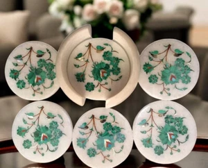 4" Stunning Marble Coaster Set Malachite Stone Marquetry Inlay Art Kitchen Decor - Picture 1 of 7