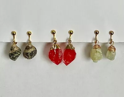 Set of 3 Clip On Earrings Natural Stone Shell and Resin Beads Handmade - Image 1 of 4