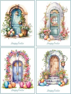 Easter Vintage Victorian front doors flowers egg watercolor 8 glossy blank card - Picture 1 of 3