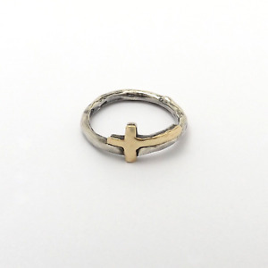 Silpada Sterling Silver Hammered 9k Gold Cross Rare Retired Band Ring sz5 RI393