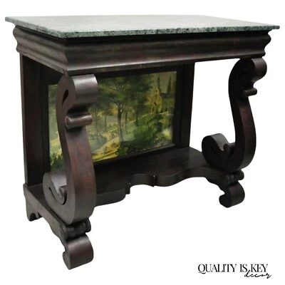 Antique American Empire Mahogany Green Marble Top Console Hall Table - Image 1 of 4