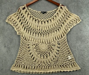 TAKARA Womens Bohemian Crochet Tops Beige Festival Size Medium Open Knit Shirt - Picture 1 of 10