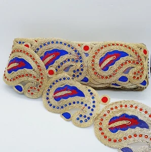 1m 6.5cm gold blue red crystal indian arabic paisley braid lace wedding - Picture 1 of 1