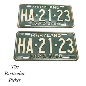 Maryland License Plate Set Tag # HA-21-23 1958 Matching Pair GUC Green/White - Picture 1 of 1