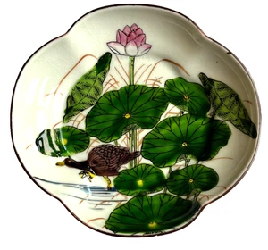 Fitz & Floyd Porcelain Dish Plate Waterlillies Bird Japan Scalloped Green Pink - Picture 1 of 15