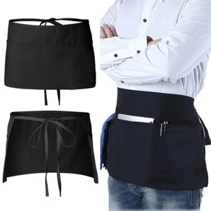 Black Half Size Apron With 3 Pockets Bar Waiter Waitress Café Pub Restaurant - Picture 1 of 7