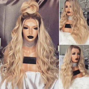 Gewellt Volle Perück Ombre Gold Langhaarperücke Blond Wig Gelockt Echthaar Damen - Bild 1 von 7