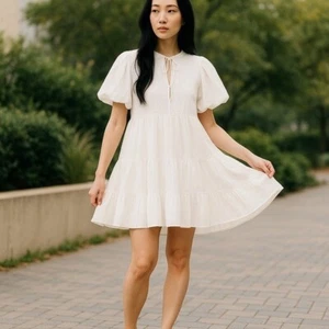 La Ligne Sz Medium Valerie Tie Neck Tiered Knee-Length Dress Euro Summer Scandi - Picture 1 of 10