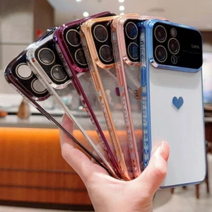 For iPhone 15 Pro Max 14 13 12 11 Soft Shockproof Clear Heart Plating Case Cover - Picture 1 of 18