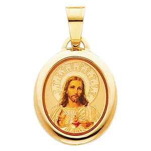 14K Yellow Gold Jesus Heart Enamel Religious Charm Pendant For Necklace Chain - Picture 1 of 4