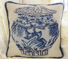 12" Vintage Needlepoint Ginger Jar Pillow Cover Blue White Chinoiserie