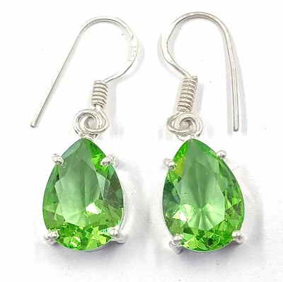 18 Ct Dangle Drop Women Earrings Green Peridot Pear Cut Gem Handmade Jewelry MKV - Image 1 of 4