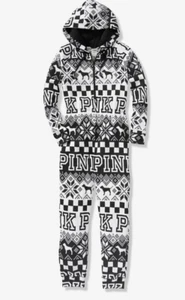NWT Victoria's Secret Pink Dog Hoodie Sherpa Long Jane Bodysuit PJ L one piece - Picture 1 of 2