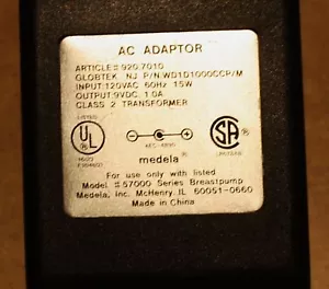 Medela 9207010 Alimentatore Adattatore AC 9VDC 1A Pompa in Stile Tiralatte Testato - Foto 1 di 3