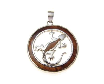 COLGANTE CÍRCULO GECKO MADERA KOA HAWAIANO INCRUSTACIÓN GENUINA PLATA DE LEY 925 26,50 MM Foto 1 de 2