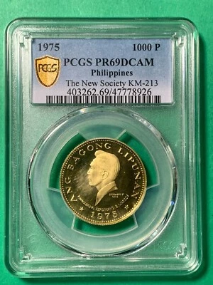 FILIPINAS 1975 1000 PISOS MARCOS CONMEMORATIVOS PRUEBA DE ORO PCGS PR69 DCAM Foto 1 de 4