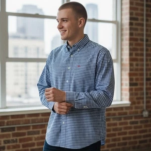 IZOD Mens Button Down Shirt Gingham Check Blue White Long Sleeve XL - Picture 1 of 10