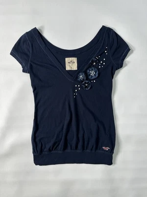 VINTAGE HOLLISTER Navy Blue Short Sleeve Henley Sz S Y2K Elena Gilbert VTG - Image 1 of 4