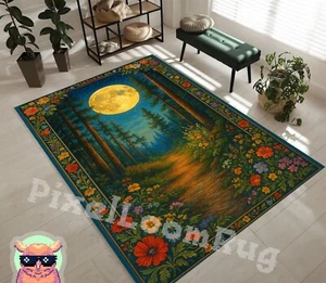 Moonlit Forest Path Rug With Full Moon and Wildflowers – Mystical Nature Carpet - Picture 1 of 2