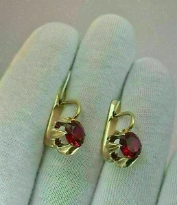 2Ct Round Cut Lab Created Ruby Drop/Dangle Hoop Earrings 14k Yellow Gold Finish - Picture 1 of 6