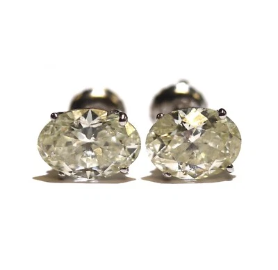 New GIA certified 14k white gold 3.03ct diamond oval earrings Screwbacks Natural - Image 1 of 4
